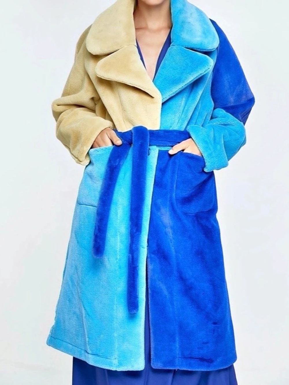 Color Block Teddy Coat in Blue & Yellow like new